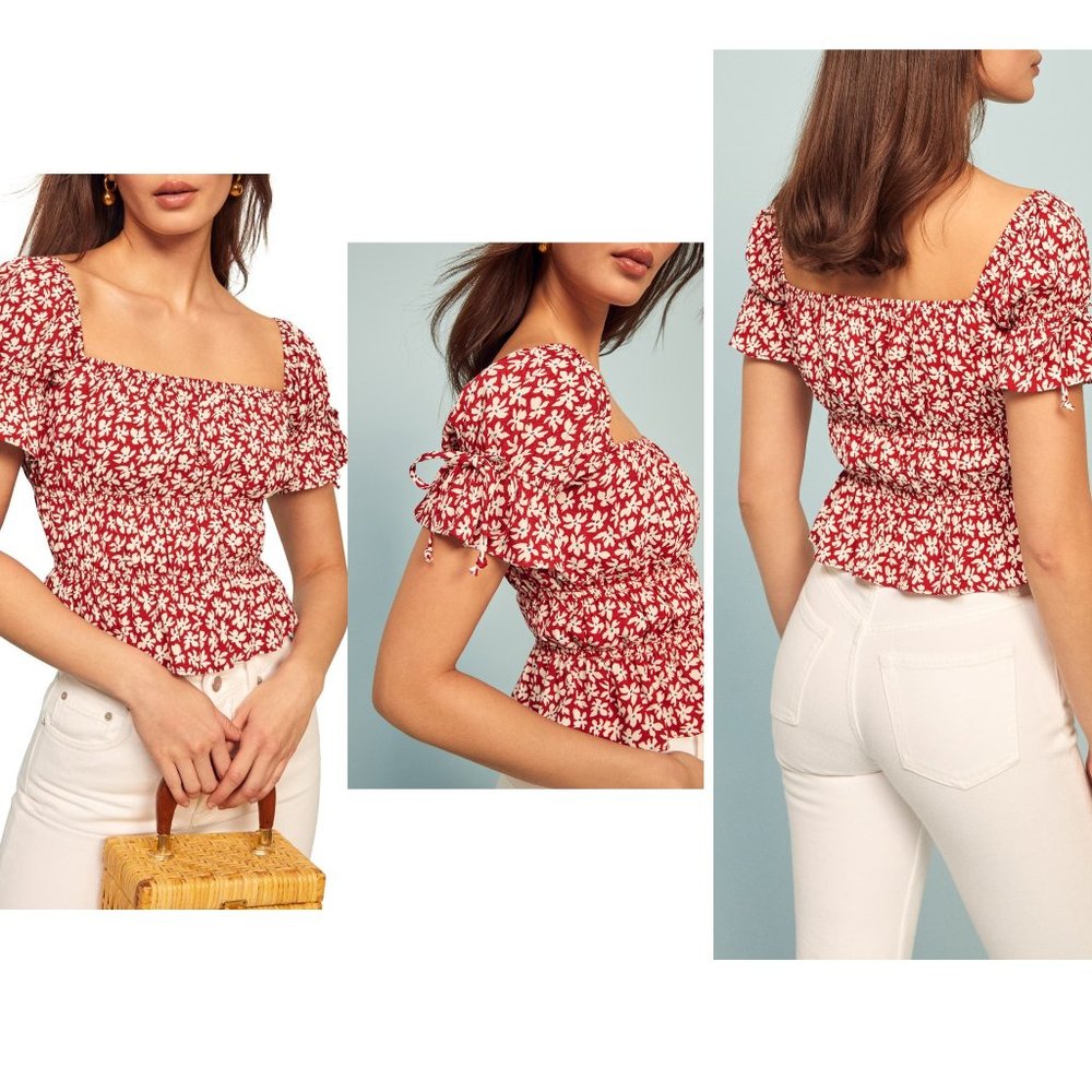 Reformation Red Floral Square-Neck Crop Top